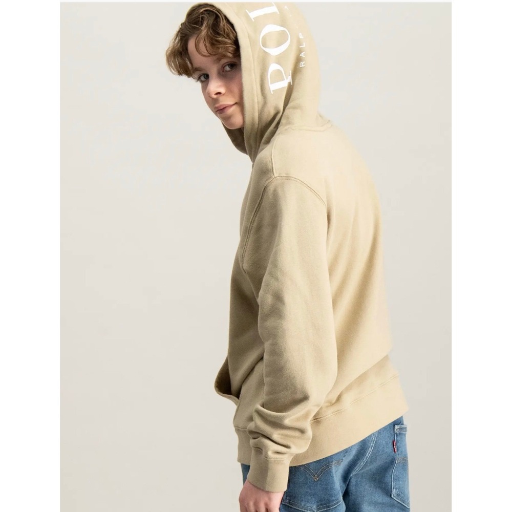 Polo Ralph Lauren Boys Khaki Tan Hoodie Logo Hood Pullover Size M 10-12